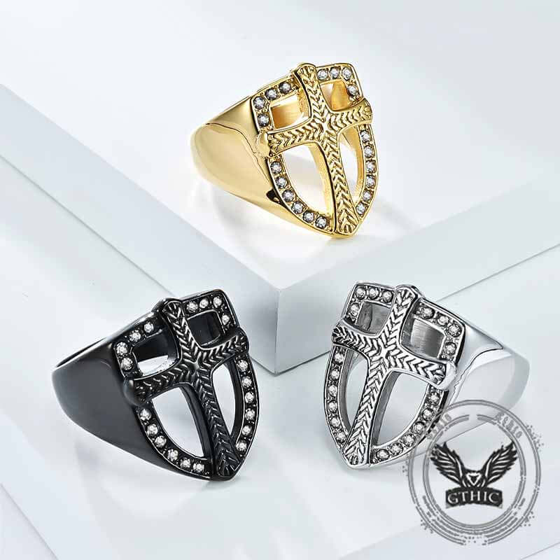 Shield Cross Diamond Stainless Steel Ring