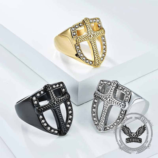 Shield Cross Diamond Stainless Steel Ring