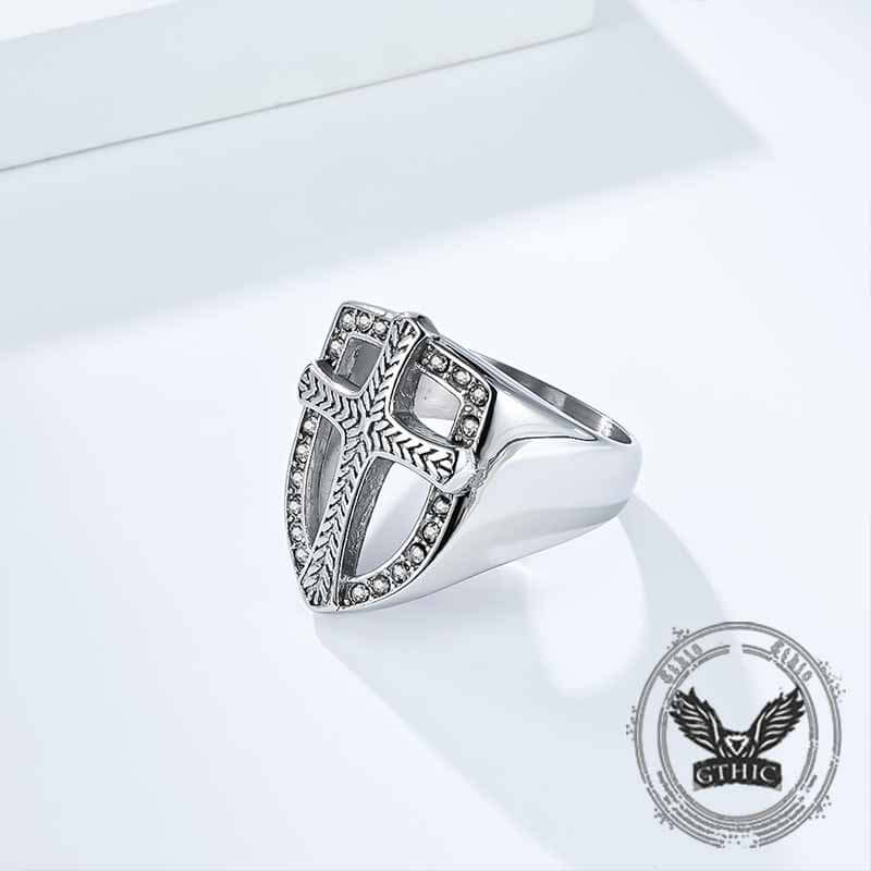 Shield Cross Diamond Stainless Steel Ring