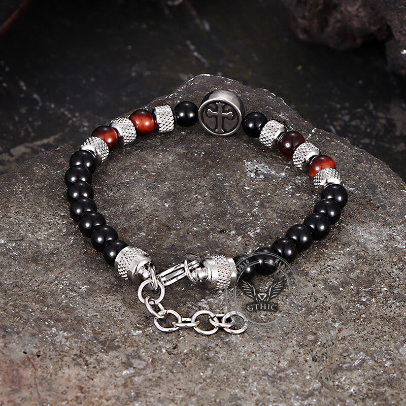 Tiger Eye Cross Stainless Steel Beaded Bracelet