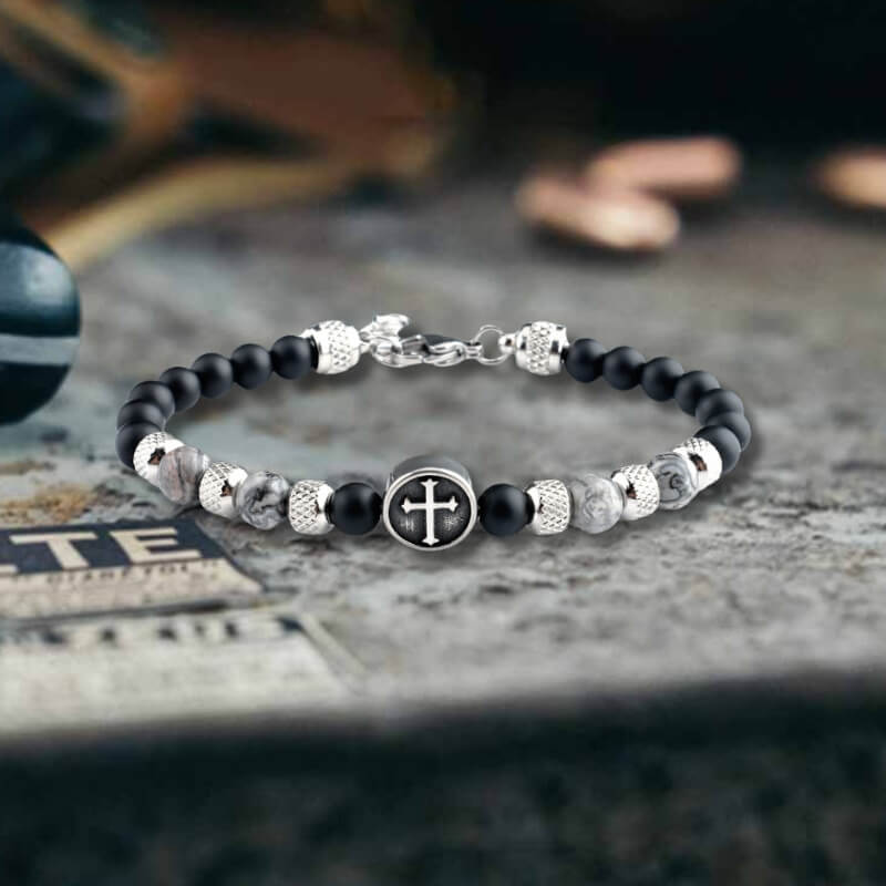 Tiger Eye Cross Stainless Steel Beaded Bracelet