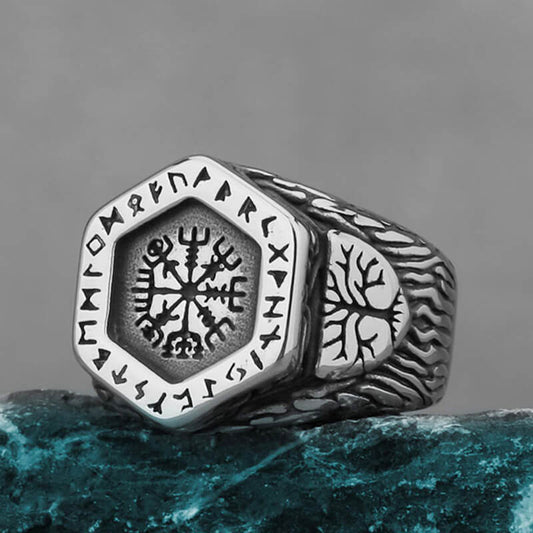 Tree of Life Vegvisir Rune Stainless Steel Viking Ring