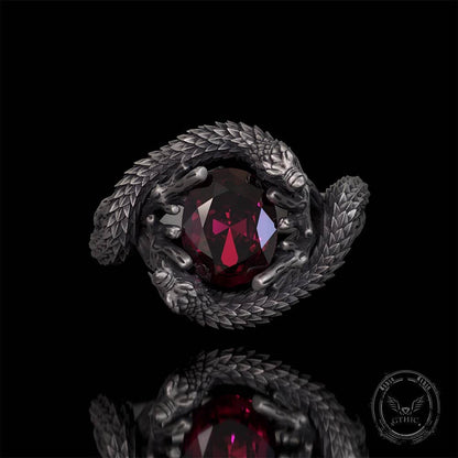 Two Dragons Playing With Gem Sterling Silver Ring