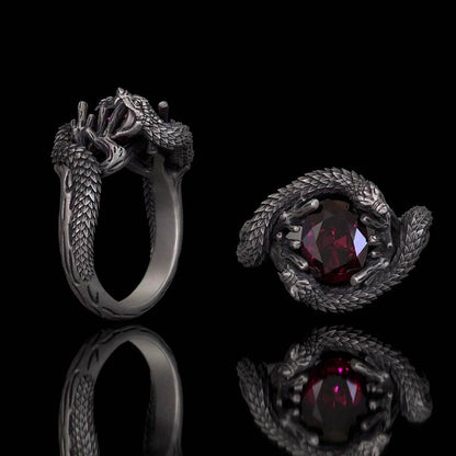 Two Dragons Playing With Gem Sterling Silver Ring