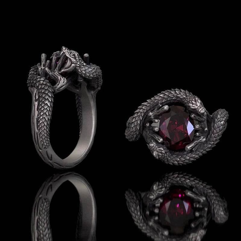 Two Dragons Playing With Gem Sterling Silver Ring