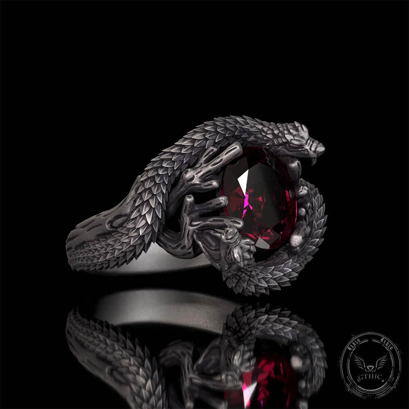 Two Dragons Playing With Gem Sterling Silver Ring