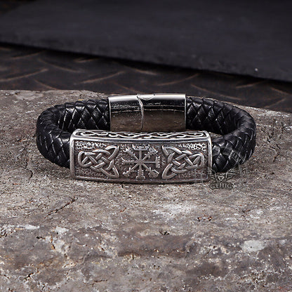 Viking Rune Stainless Steel Leather Bracelet