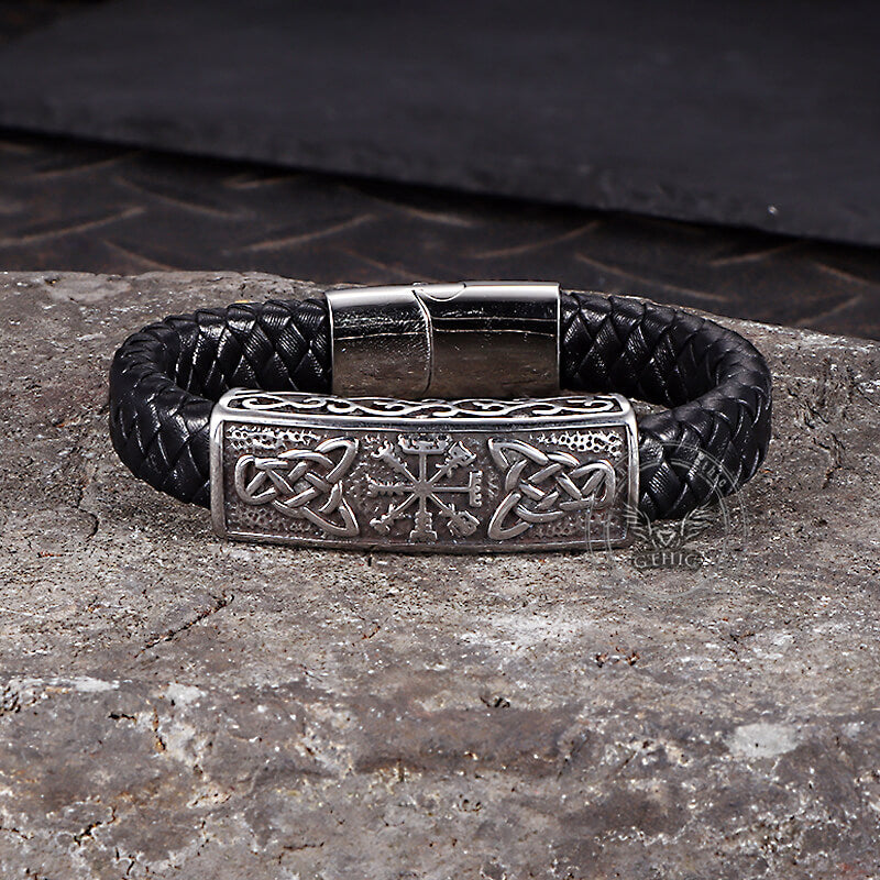 Viking Rune Stainless Steel Leather Bracelet