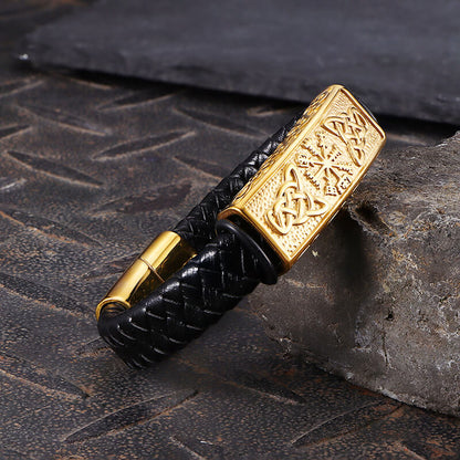 Viking Rune Stainless Steel Leather Bracelet