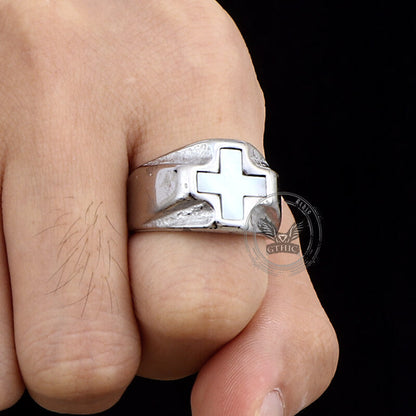 White Shell Cross Stainless Steel Ring