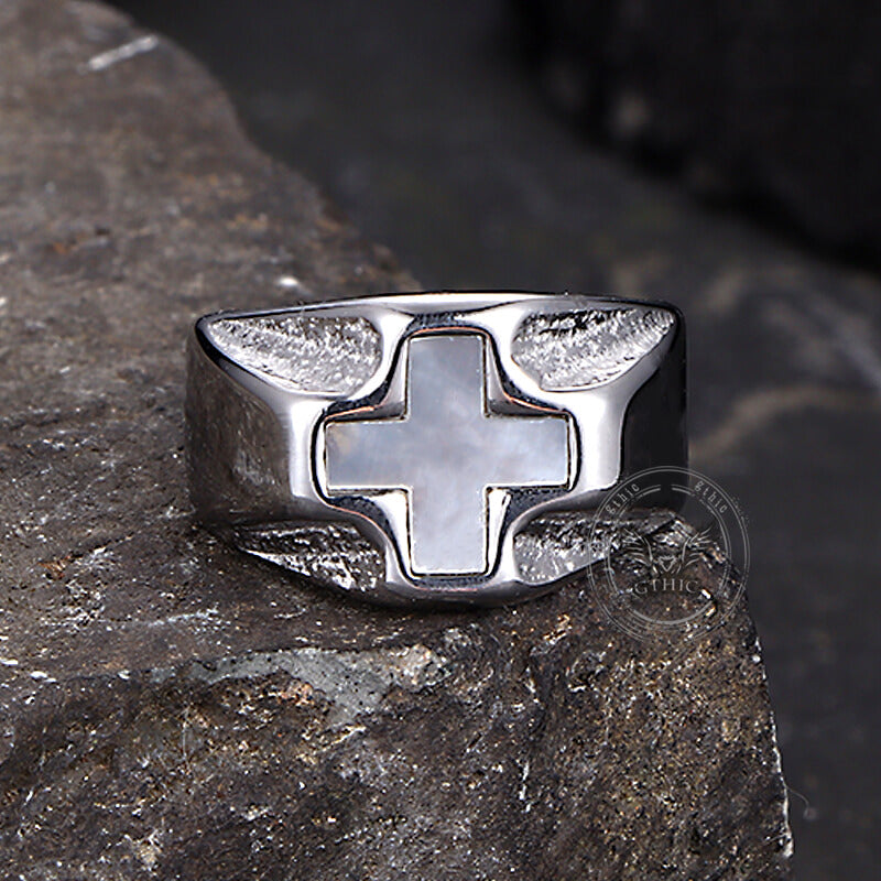 White Shell Cross Stainless Steel Ring