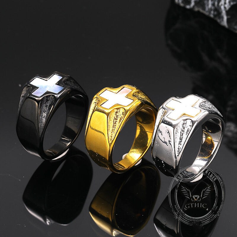 White Shell Cross Stainless Steel Ring