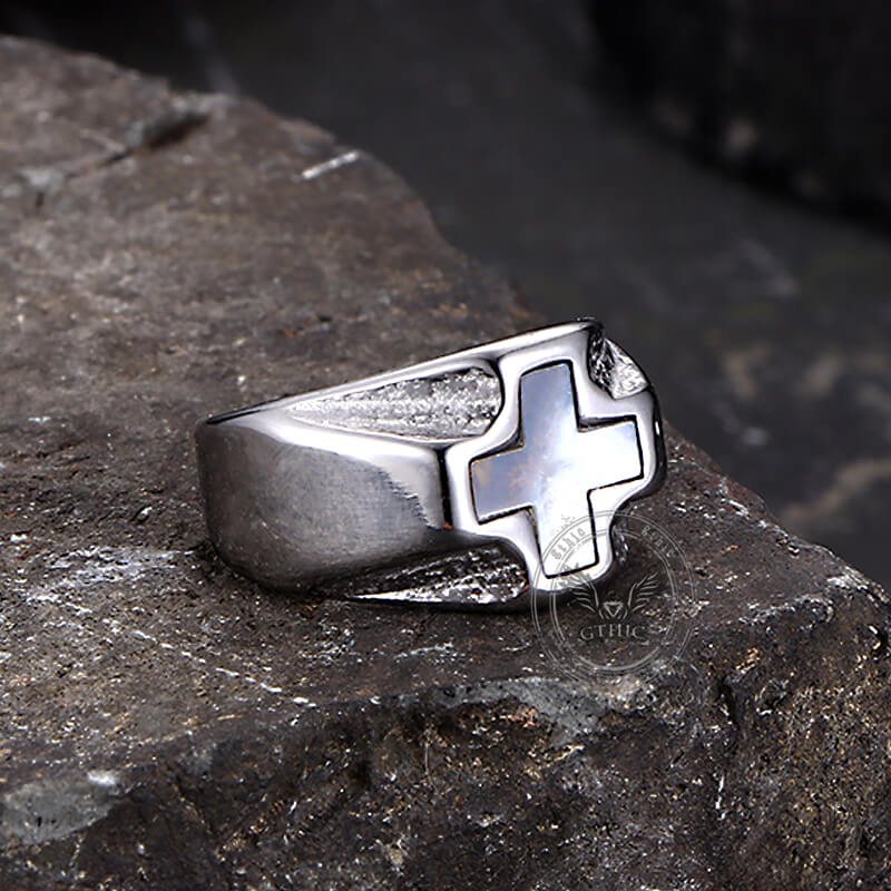 White Shell Cross Stainless Steel Ring