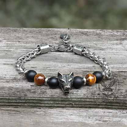 Wolf Head Tiger’s Eye Stainless Steel Bracelet