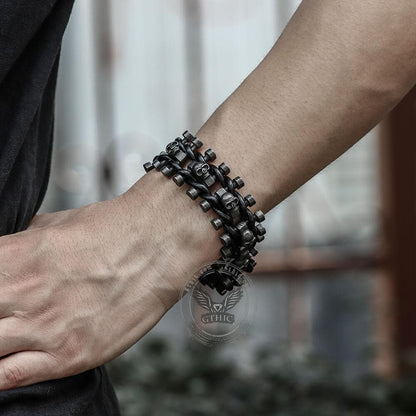 Woven Leather Stainless Steel Skull Bracelet