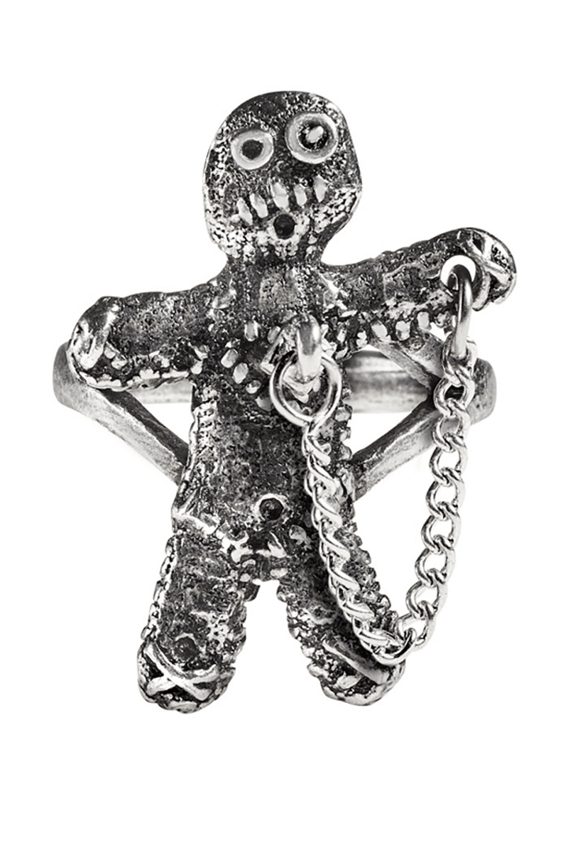 Voodoo Doll Pewter Ring With Safety Chain and Peg-pin