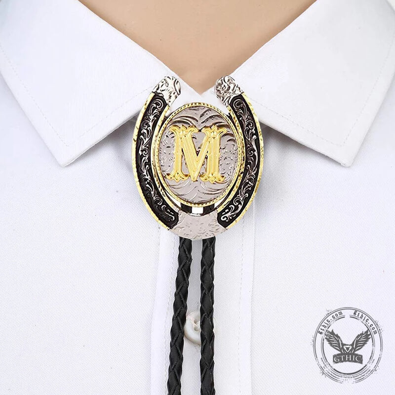 Western Cowboy Horseshoe Initial Letter Bolo Tie