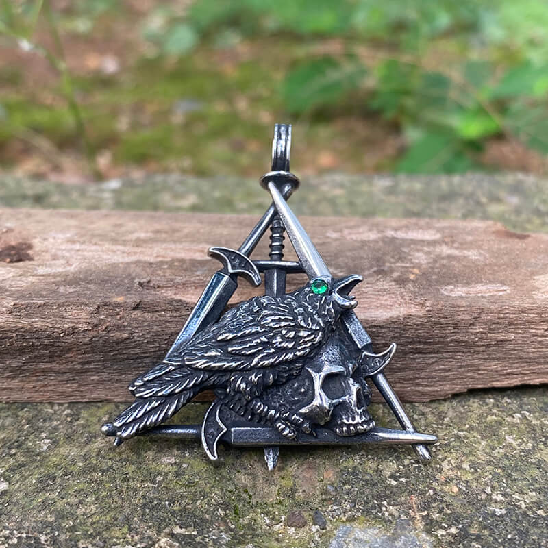 Wicca Sword Crow Stainless Steel Skull Pendant