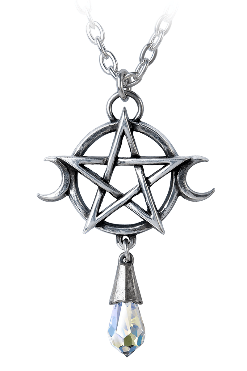 Wiccan Goddess Triple Moon Pendant With Crystal Drop
