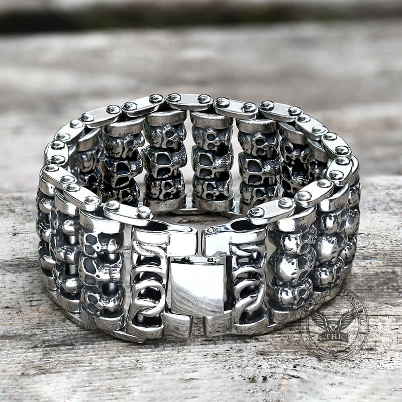 Wide Skull Stainless Steel Biker Bracelet