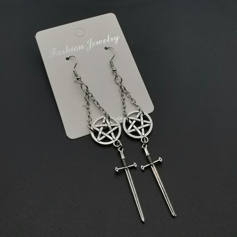 Witch's Rites Earrings With Pentagram Pendant / Gothic Darkly the Sacred Black Sword