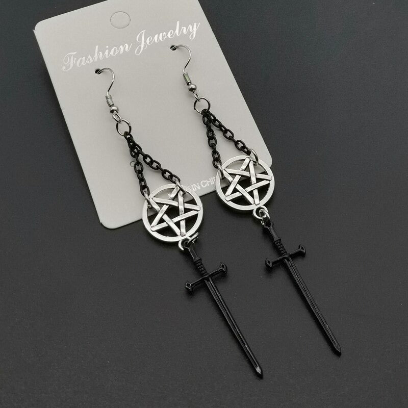 Witch's Rites Earrings With Pentagram Pendant / Gothic Darkly the Sacred Black Sword
