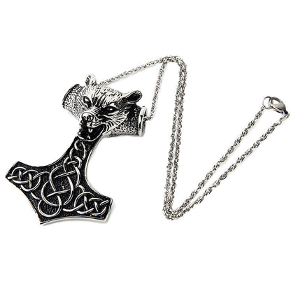 Wolf Head Pendant Necklace / Stainless Steel Thor Hammer Pendant in Viking Style Jewelry