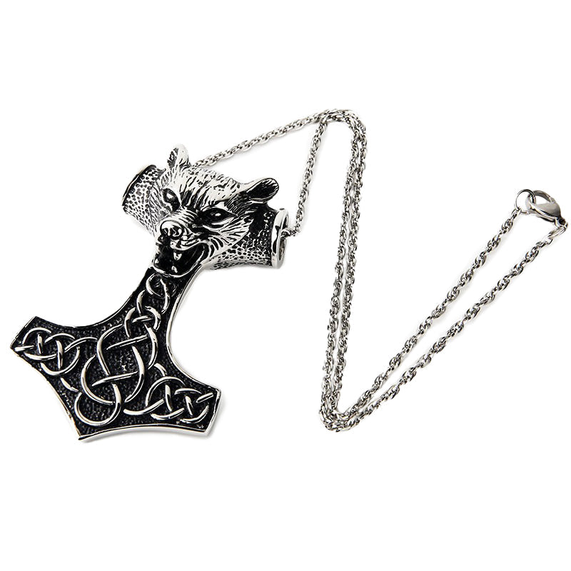 Wolf Head Pendant Necklace / Stainless Steel Thor Hammer Pendant in Viking Style Jewelry