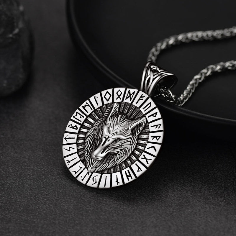 Viking Wolf Medal Necklace With Runes Jewelry for