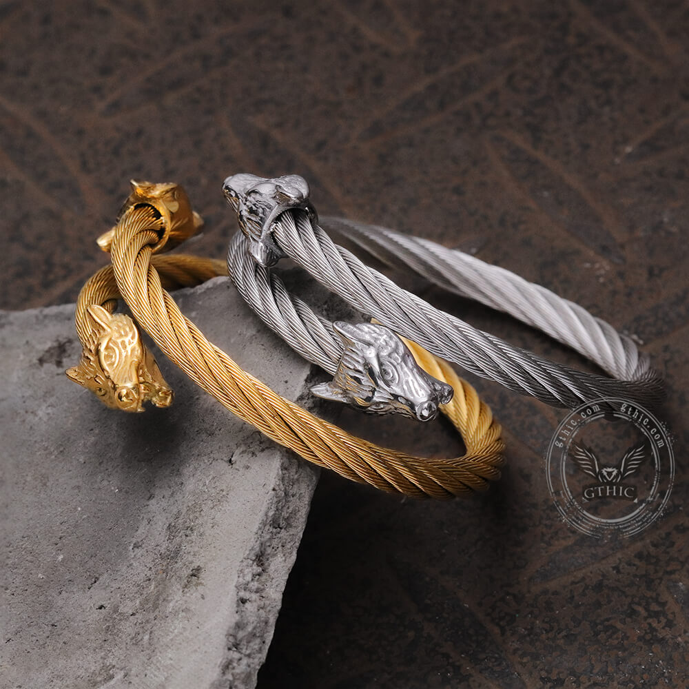 Wolf Head Stainless Steel Open Bracelet