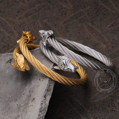 Wolf Head Stainless Steel Open Bracelet