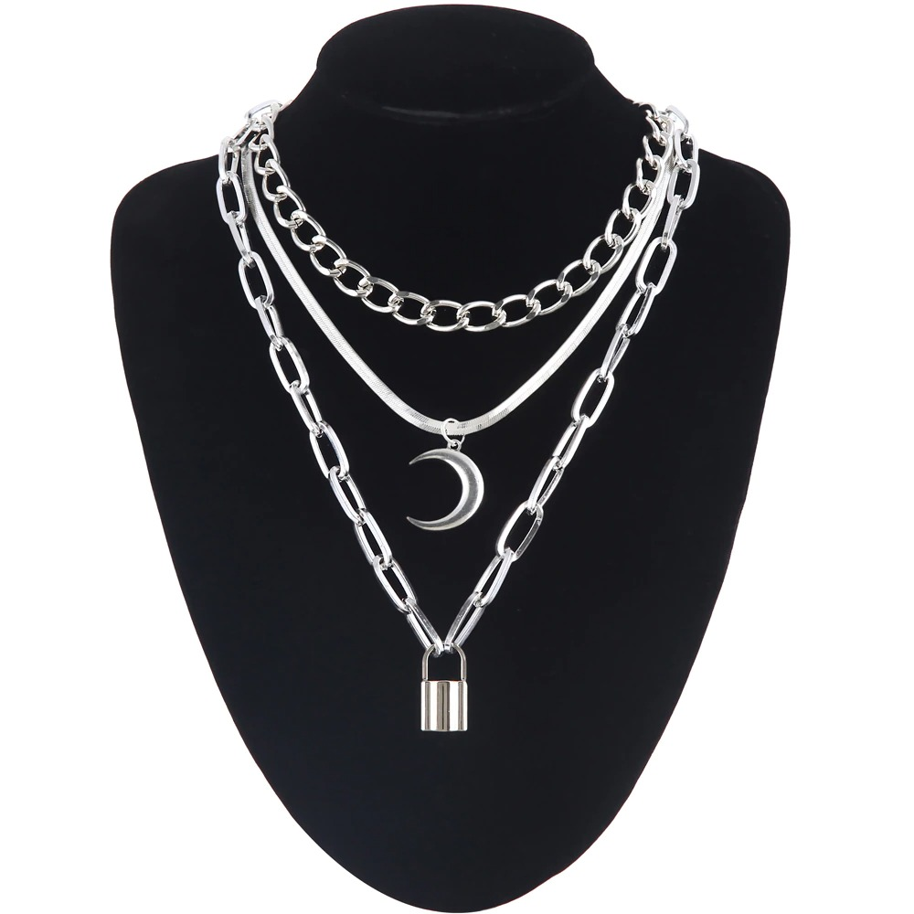Moon Pendant in Gothic Style / Chain Necklace With Aluminium Lock Pendant