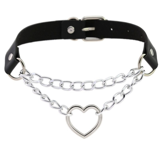 Necklace With Pendant Heart in Punk Style / Pu Leather Choker With Chain
