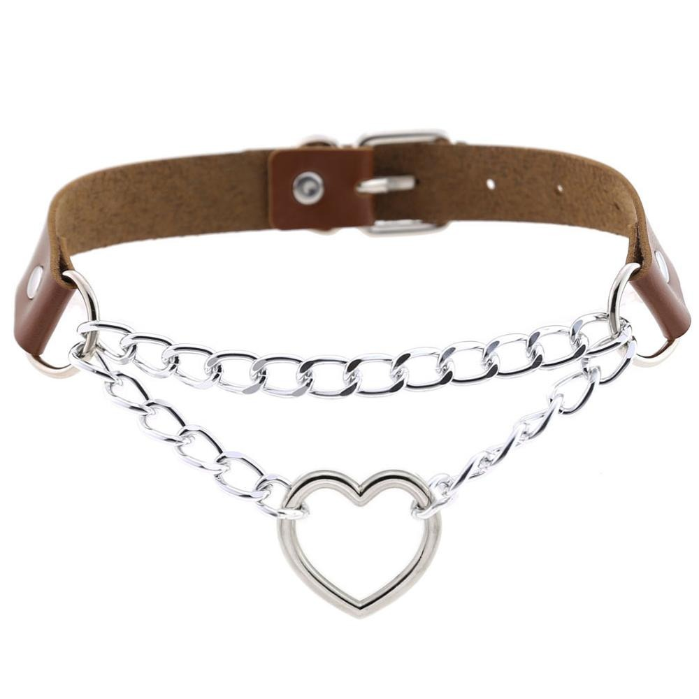 Necklace With Pendant Heart in Punk Style / Pu Leather Choker With Chain