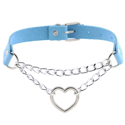 Necklace With Pendant Heart in Punk Style / Pu Leather Choker With Chain