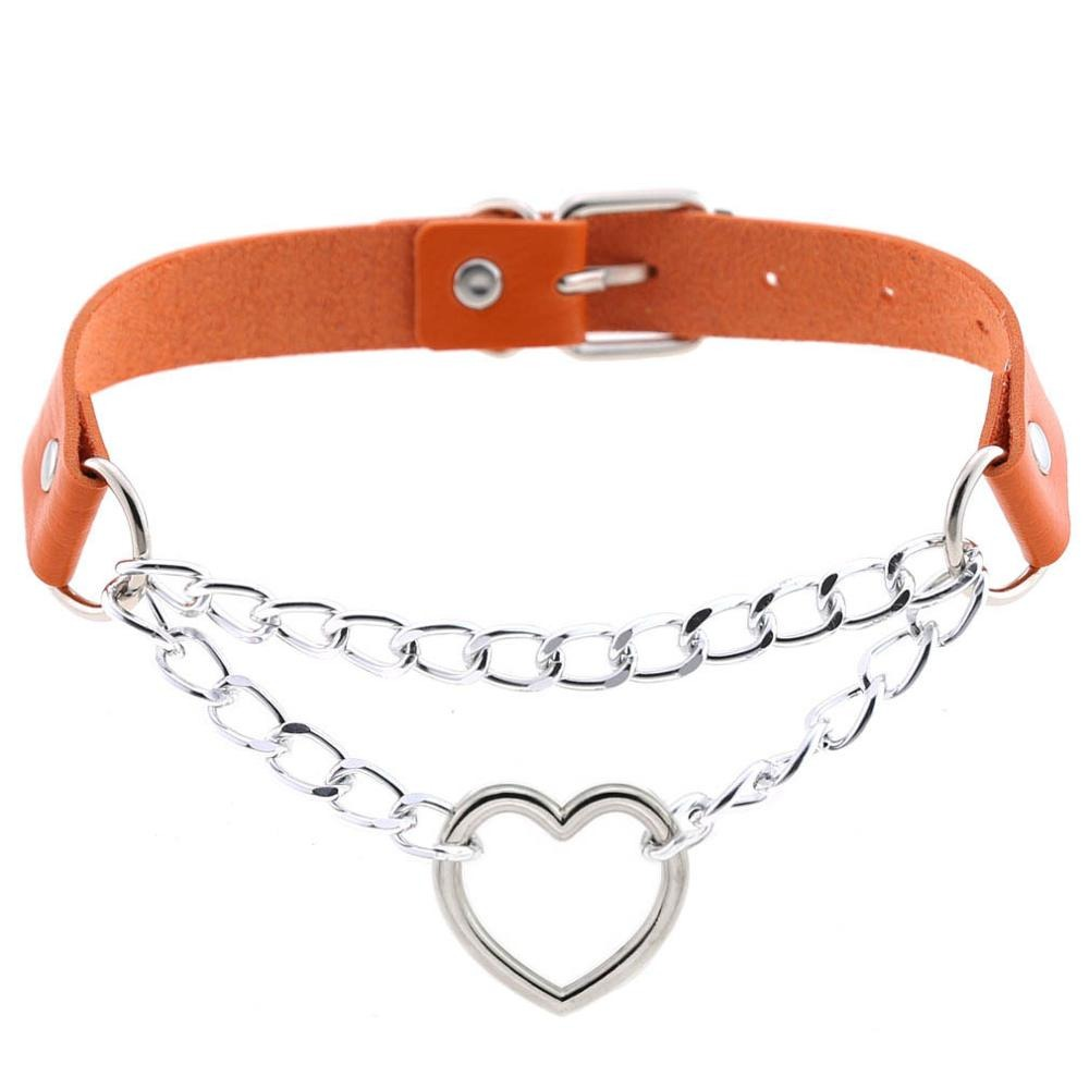 Necklace With Pendant Heart in Punk Style / Pu Leather Choker With Chain