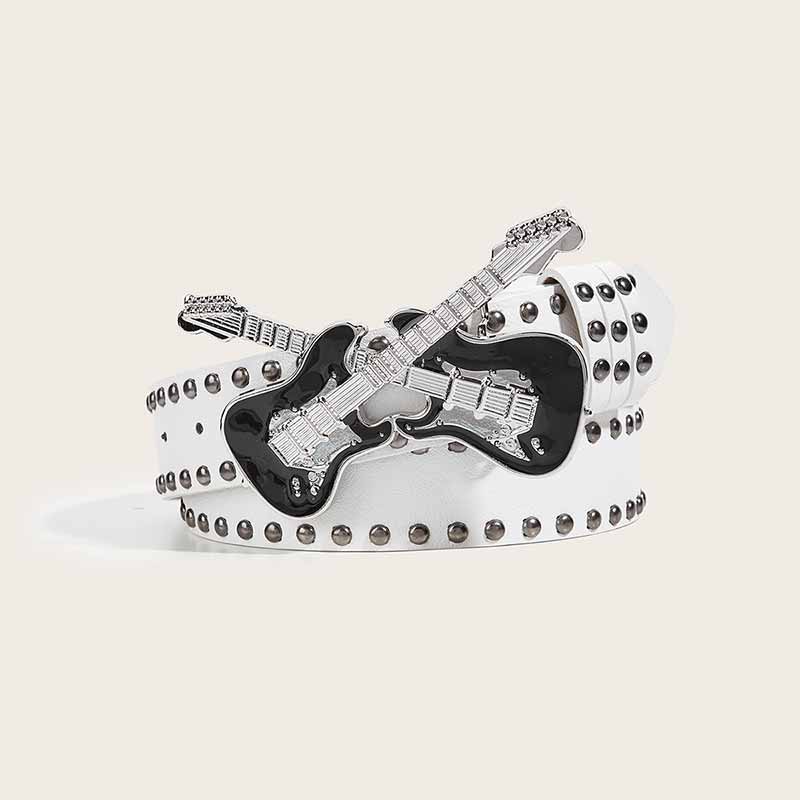 Y2k Double Guitar Buckle Rivet Pu Leather Belt