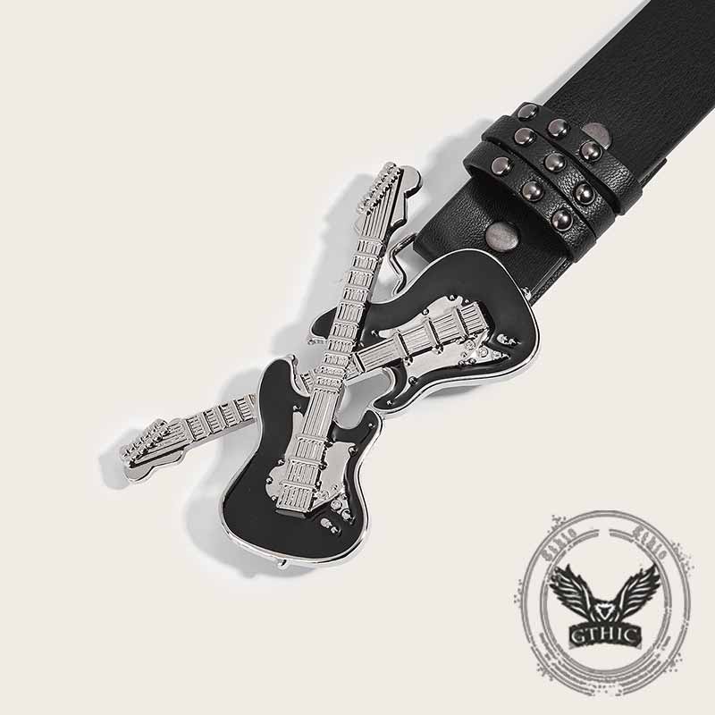Y2k Double Guitar Buckle Rivet Pu Leather Belt