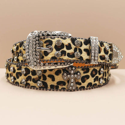 Y2k Leopard Print Rhinestone Cross Rivet Pu Leather Belt