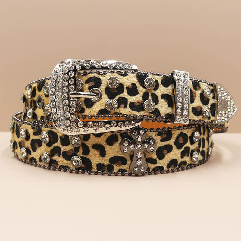 Y2k Leopard Print Rhinestone Cross Rivet Pu Leather Belt