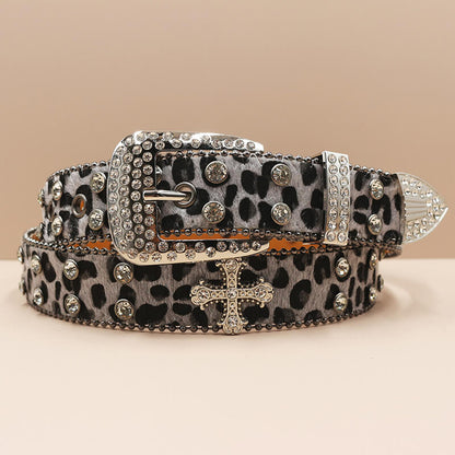 Y2k Leopard Print Rhinestone Cross Rivet Pu Leather Belt