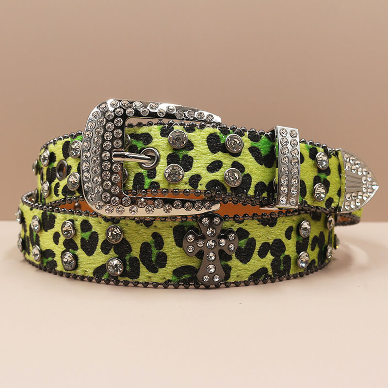 Y2k Leopard Print Rhinestone Cross Rivet Pu Leather Belt
