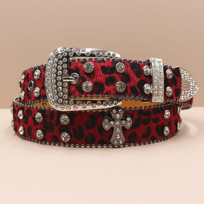 Y2k Leopard Print Rhinestone Cross Rivet Pu Leather Belt