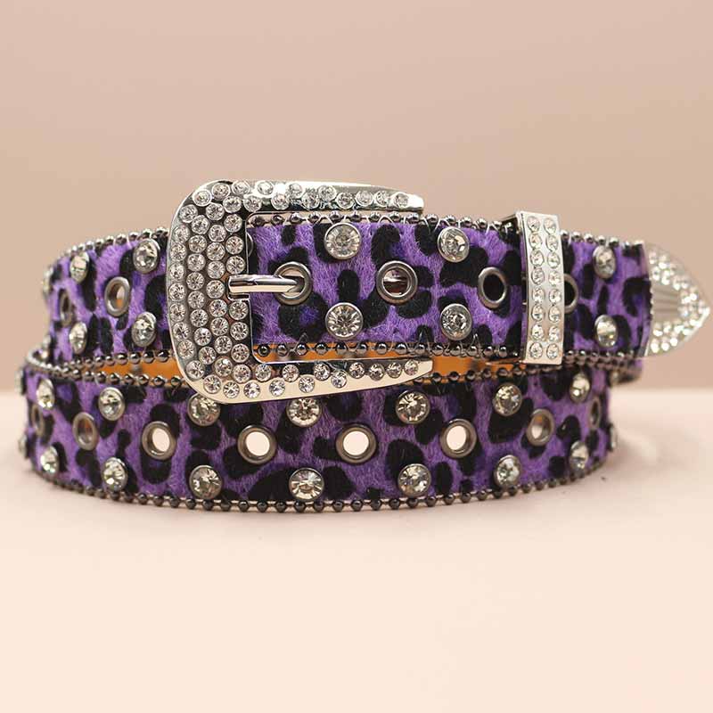 Y2k Leopard Print Rhinestone Eyelet Pu Leather Belt