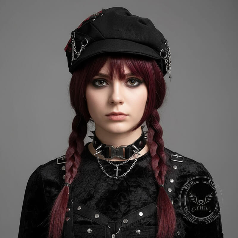 Y2k Punk Dark Plaid Cross Chain Beret